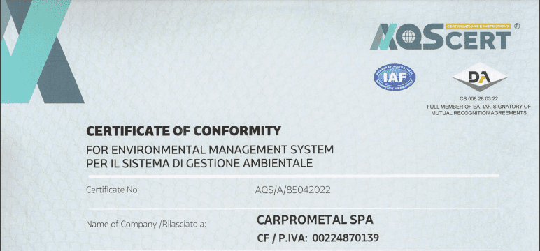 Carprometal Certificazione EN-ISO-14001:2015
